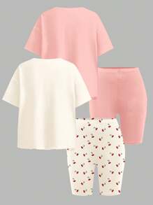 SHEIN Leap Crew 2 件套青少年女孩休闲简约樱桃印花短袖宽松 T 恤和短裤套装，奶油白色和奶油粉色，适合夏季 - 彩色 - 查看 2