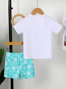 SHEIN 男童两件套泳衣套装，印花上衣和随机图案印花下装 - 青碧色 - 查看 2