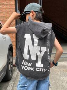 SHEIN Top à capuche en denim tricoté noir avec motif design Y2K cool et mignon pour garçons. Vêtements décontractés et pour enfants, idéal pour l'école, les sorties, les festivals et la plage en été et au printemps.