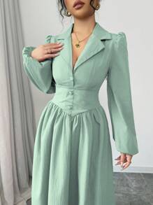 Modelyn Vestido elegante de manga larga con botones frontales de unicolor para mujer - Verde - Ver 6