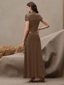 Anewsta Luxuriöses, minimalistisches Design, klassisches schwarzes Kleid mit Strass-Galaxie-Muster, elegantes Frühjahrskleid - Kaffeebraun - Übersicht 3