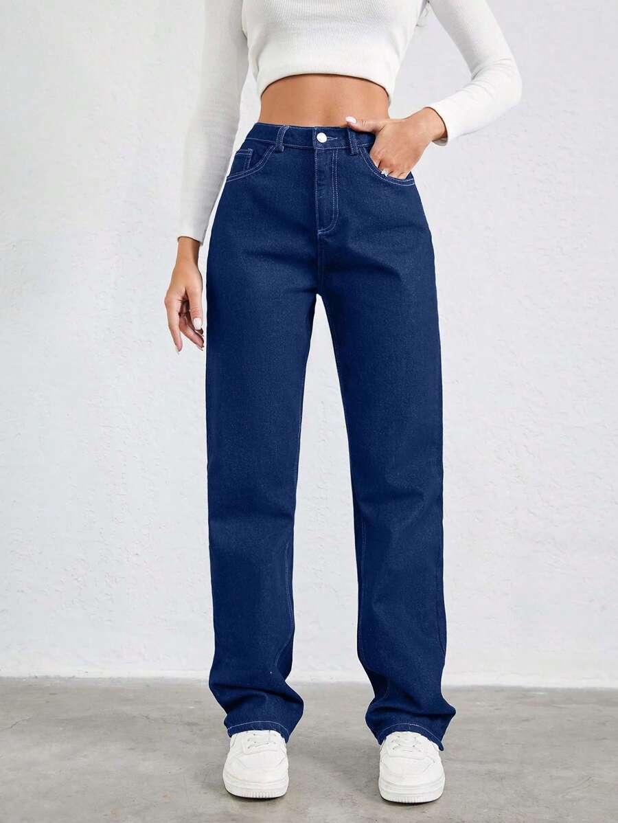SHEIN Cottnline 100%Cotton Slant Pocket Straight Leg Jeans - Dark Wash - View 1