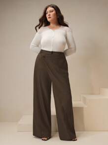 Anewsta 不对称美式宽松飘逸高腰加大码西装裤，修身百搭 - 棕色 - 查看 5