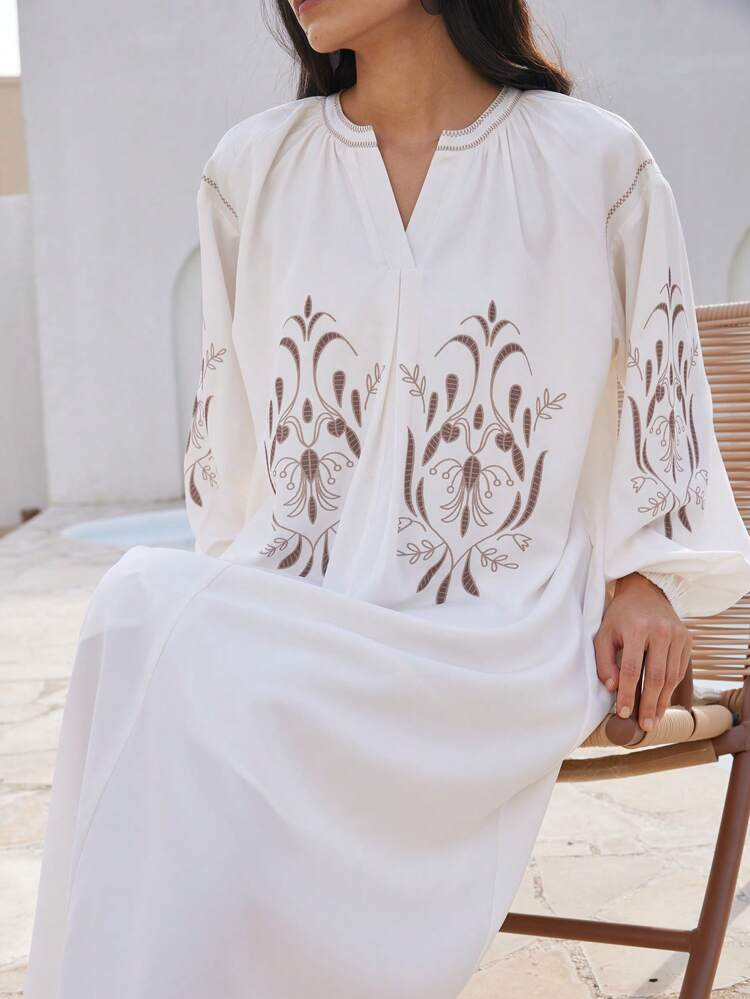Women's V-Neck Bohemian Style Floral Allover Print Straight Knee-Length Dress, Lantern Sleeve, Spring, Summer, Autumn Cruise Outfit For Women Maxi Dress Boho