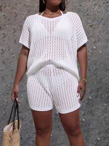 EMERY ROSE Plus Size Women's Solid Color Lightweight V-Neck Batwing Knit Top, Suitable For Spring/Summer Commute - White - View 3