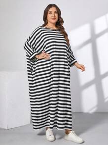 SHEIN Essnce 大码女式超宽松连衣裙、长裙、休闲条纹女式连衣裙、2 口袋裙、女士夏季服装大码 T 恤、夏季服装女士节日服装女士外出服装 - 黑與白 - 查看 7
