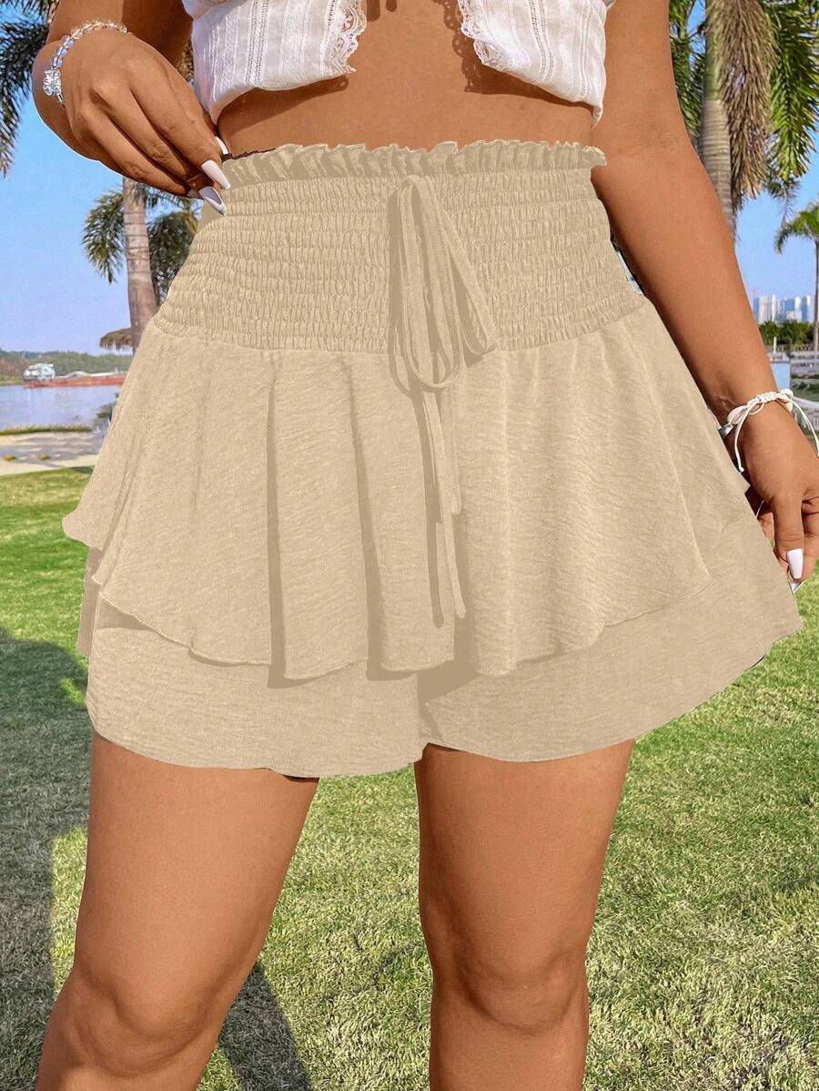 Flirla Plus Size Shorts With Shirred Waist & Double Layer Hem - Khaki - View 1