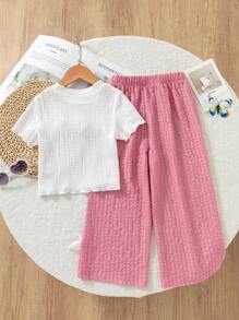 Set de 2 piezas para niñas (tamaño pequeño) que incluye una camiseta texturizada con decoración floral 3D y pantalones casuales largos, adecuado para estar en casa y salidas casuales