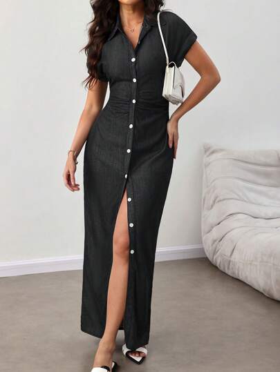 SHEIN Lady Dam sommarklänning med kort ärm och smal passform, enkelknäppt denim