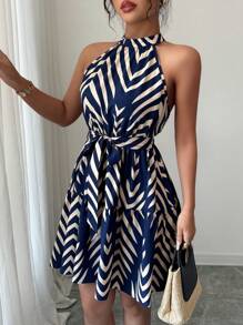 Selianne 女式海军蓝和杏色条纹设计无袖系带领口收腰休闲度假迷你连衣裙 - 藏蓝色 - 查看 6