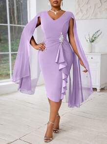 Fleurora Plus Size Women's Spring And Summer Elegant Cape Structured Purple See-Through Formal Evening Dress Four Seasons - Purple - View 5