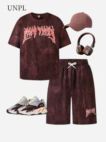 Set de 2 piezas para adolescentes varones: Top de manga corta con estampado de letra efecto tie-dye y shorts