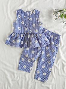 SHEIN Vintaside Kids 2 件套女婴夏季服装，蓝白条纹花卉印花无袖上衣搭配同款裤子套装，清新乡村风格，适合海滩、公园、日常穿着 - 彩色 - 查看 1