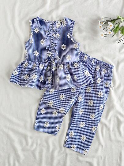 SHEIN Vintaside Kids 2 件套女婴夏季服装，蓝白条纹花卉印花无袖上衣搭配同款裤子套装，清新乡村风格，适合海滩、公园、日常穿着