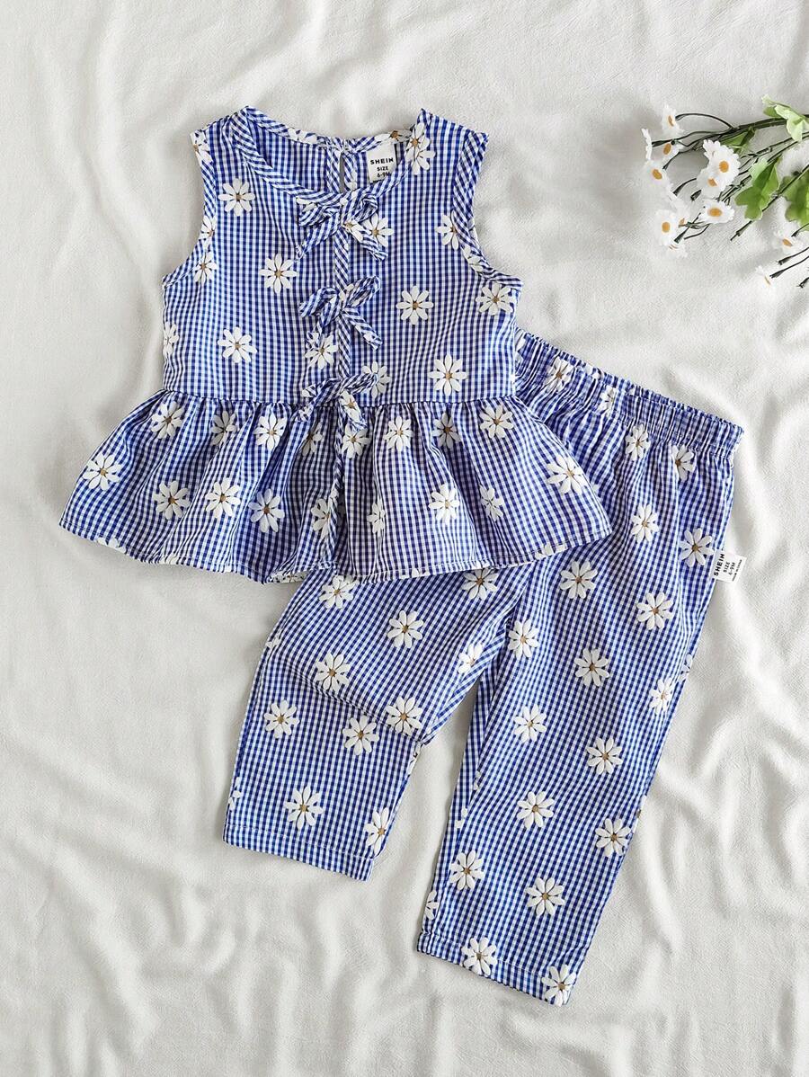 SHEIN Vintaside Kids 2 件套女婴夏季服装,蓝白条纹花卉印花无袖上衣搭配同款裤子套装,清新乡村风格,适合海滩、公园、日常穿着 - 彩色 - 查看 1