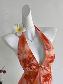 Sweetra Nouveau Top floral sexy à dos ouvert pour femmes, printemps/été - Orange - Voir 3