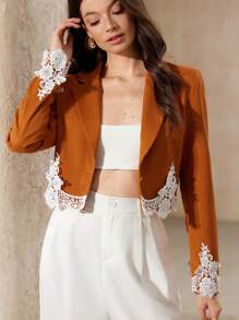 SHEIN Unity Elegant Retro V-Neck Embroidered Asymmetric Ruffle Trim Waist Fitted Women Short Blazer & Shorts Suit Set Fall Cloth For Women - Multicolor - View 3