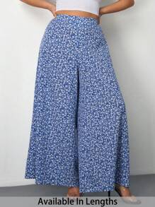 SHEIN Tall CURVE Plus Size Ditsy Floral High Waisted Loose Summer Pants - Baby Blue - View 1