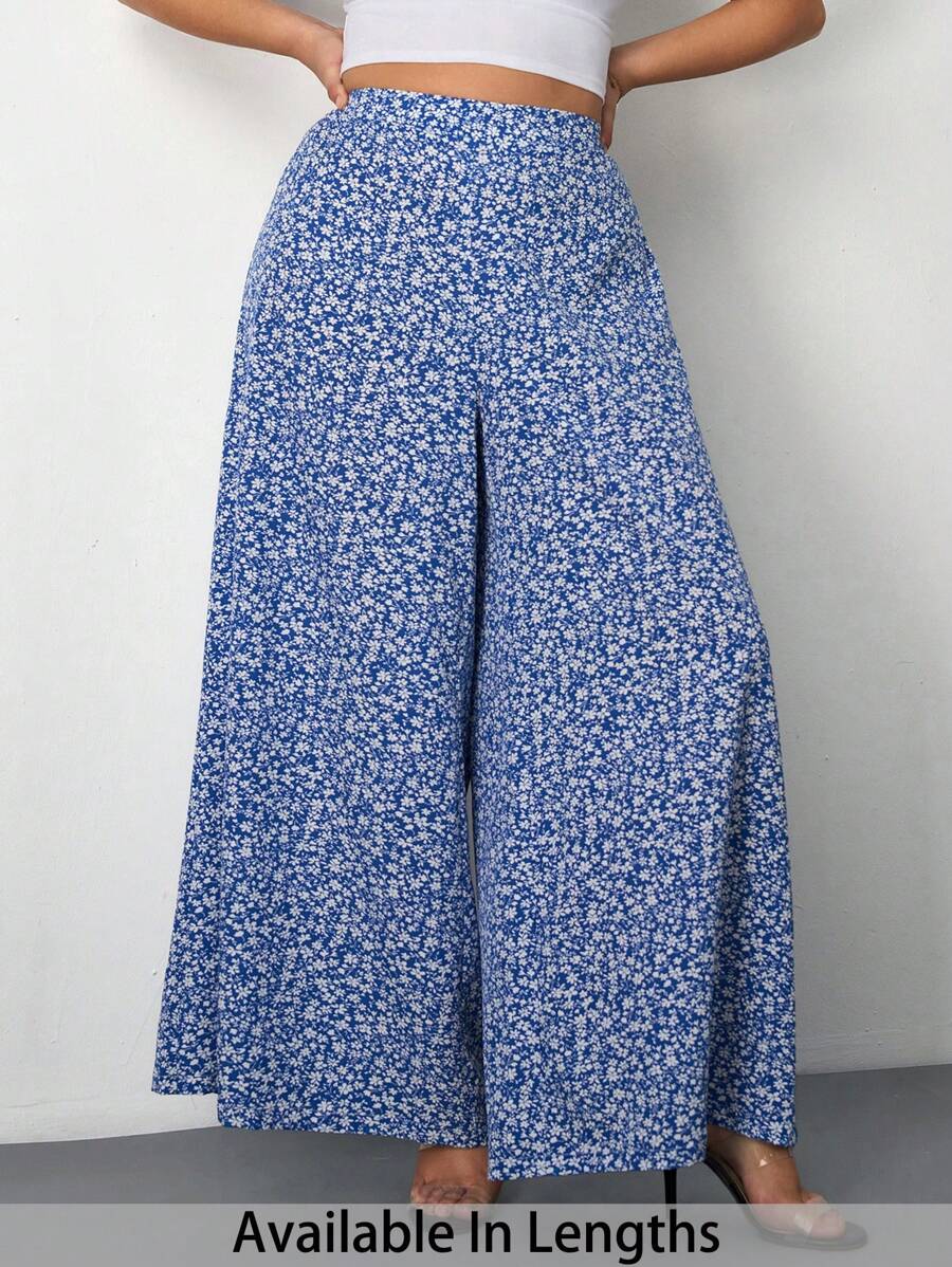 SHEIN Tall CURVE Plus Size Ditsy Floral High Waisted Loose Summer Pants - Baby Blue - View 1