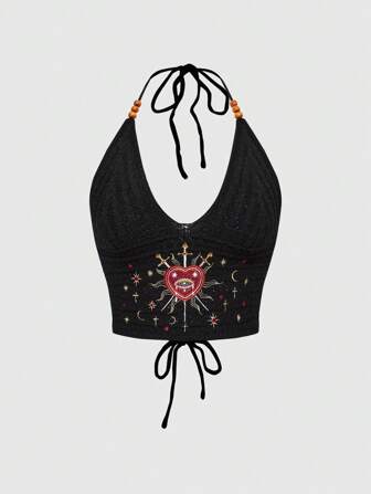 Hippie Women's Bohemian Gothic Hippie Vacation Style Heart, Moon & Star Embroidery Black Knit Beaded Top
