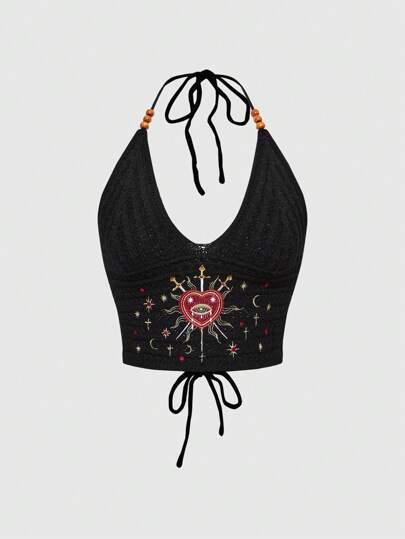 Women's Bohemian Gothic Hippie Vacation Style Heart, Moon & Star Embroidery Black Knit Beaded Top