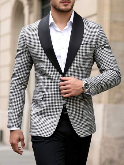 Manfinity Bizformal 男士格纹拼接商务通勤披肩领西装外套