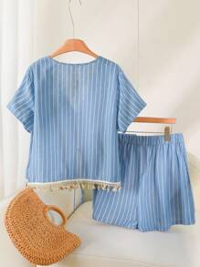 CosyJoli Completo casual estivo a righe taglie forti da donna, camicia + pantaloncini - Blu - Visualizzare 5