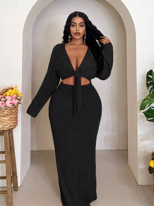 Veslaya Damen Große Größen Set aus einfarbigem Langarm Pullover mit Knoten Vorderseite und gestricktem Midirock
