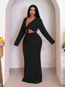 Veslaya Conjunto de suéter de manga larga de un solo color con nudo en la parte delantera y falda midi de punto para mujer talla grande