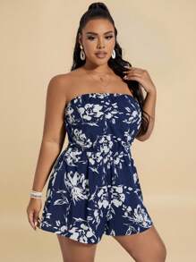 Travachic Plus Floral Print Tube Romper Spring Summer Women - Blue and White - View 4