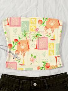 Glimmora 女士热带水果和椰子树印花海滩度假抹胸上衣 - 彩色 - 查看 3