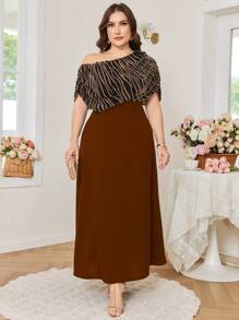 Modelyn Plus Size Slash Neck Striped Patchwork Bodycon Mini Dress, Slimming And Figure-Flattering