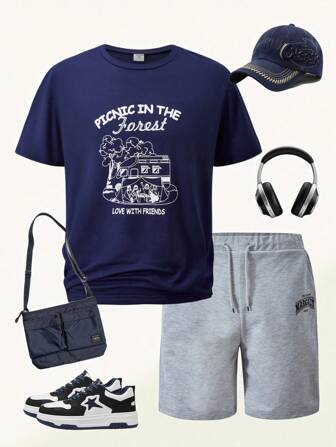 Casuvi Kids 2 件套青少年男孩图案印花圆领短袖上衣和短裤