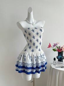 Sweetra Damen Enges Bandeau Kleid mit Blume Muster, elegant für den Urlaub