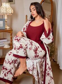 CottageSlumber Floral Print Ruffle Plus Size Robe, Camisole Top And Pants Pajama Set Holiday Season, Outfits  Cozy And Elegant Details, Fall Winter Clothes - Multicolor - View 2
