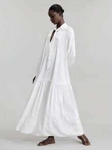 Ontre Vestido largo de mujer con nudo delantero, vestido maxi de manga larga con cuello en V profundo, fruncido, de unicolor minimalista, elegante atuendo de primavera/verano para damas, vestimenta casual de oficina, estilo vintage discreto, moda urbana de alta calidad para viajes en avión - Blanco - Ver 5