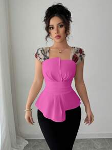 Elenzga 女式修身不对称拼布刺绣网眼衬衫 - 玫紅色 - 查看 6