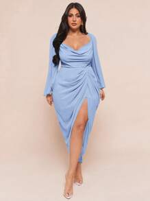 SHEIN BAE Vestido de fiesta elegante y sexy para mujer de talla grande con cuello drapeado, volantes, bajo asimétrico con abertura y manga larga, con lentejuelas y brillo, color verde guisante, vestido de invitada de boda para mujer - Celeste - Ver 4