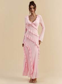 SHEIN BAE 秋季长袖长裙，浪漫荷叶边设计，约会，旅行，内衣，适合情人节，蝴蝶结，优雅女士连衣裙，节日连衣裙，正式连衣裙，中长连衣裙，夏季连衣裙，网眼，透视袖，休闲连衣裙，女士婚纱，加大码曲线，加大码生日礼服，曲线，晚会礼服，夏季，秋季 - 珊瑚粉 - 查看 3