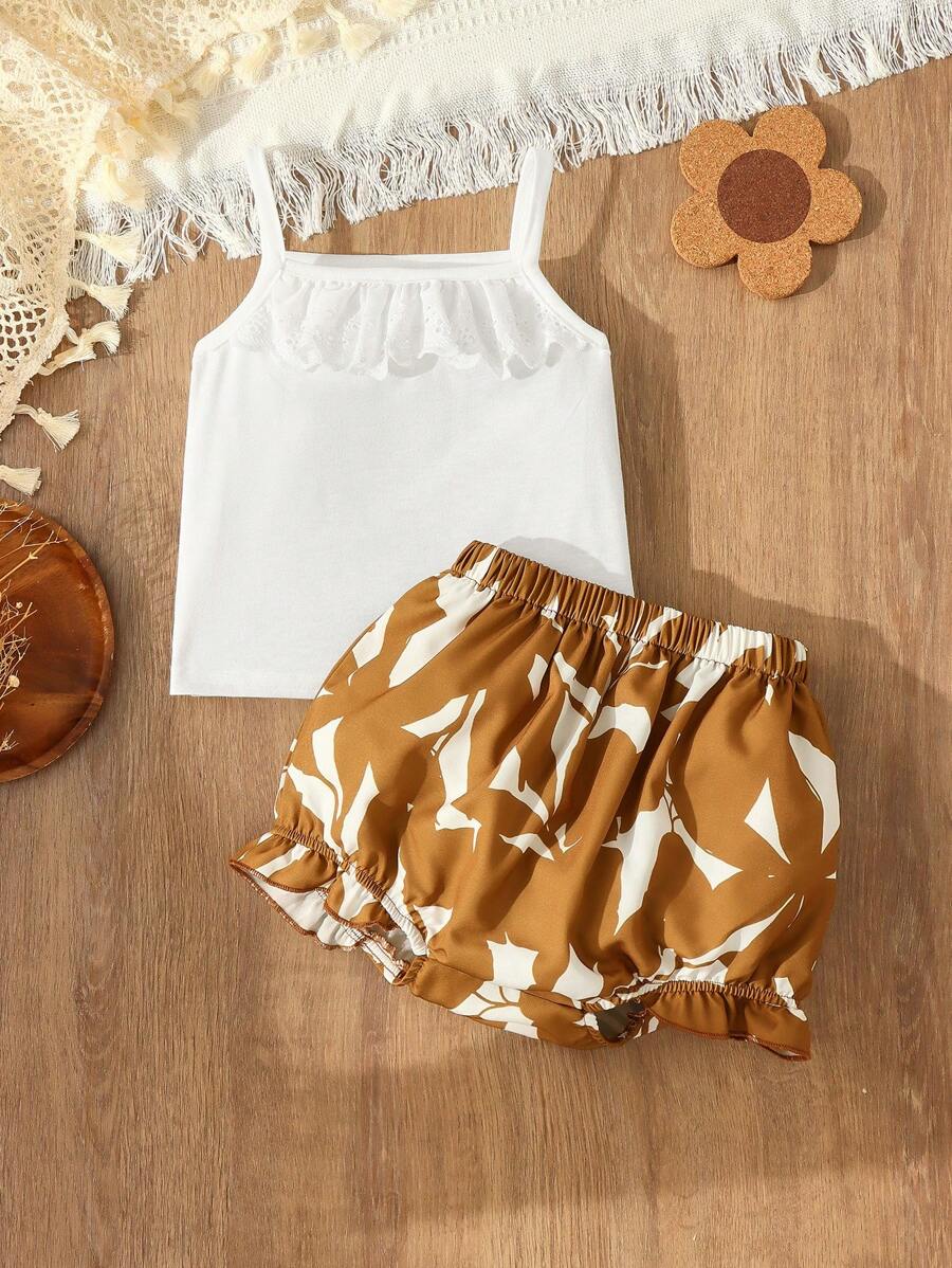 Blossori 女婴象牙色度假风格吊带背心和卡其色植物印花短裤套装 - 彩色 - 查看 1
