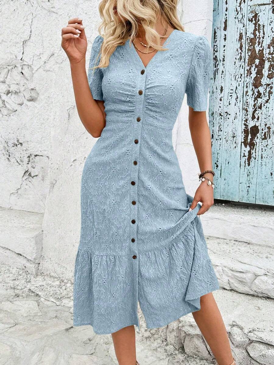 SHEIN Clasi Hollow Out Embroidered Button Up Dress With Ruffle Hemline Maxi Women Outfit - Baby Blue - View 1