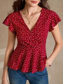 Amorya Allover Heart Print Butterfly Sleeve Peplum Tee Fall/Winter Women Clothes Back To School Modest Vintage Old Money Teacher Outfits For Women Airportpolka Dot - Red and White - View 5