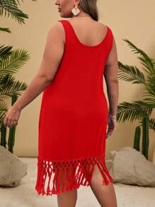 SHEIN VCAY Vestido azul de punto de talla grande con empalme sin mangas y flecos para vacaciones de verano en la playa - Rojo - Ver 2