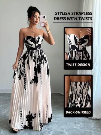 Elenzga Vestido maxi casual de vacaciones elegante con pliegues, estilo swing, nudo retorcido y estampado para mujer