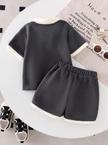 Genkimix Kids 2 件装年轻男孩针织领短袖 Polo 衫和短裤套装，纯色简约运动装 - 深灰色 - 查看 2