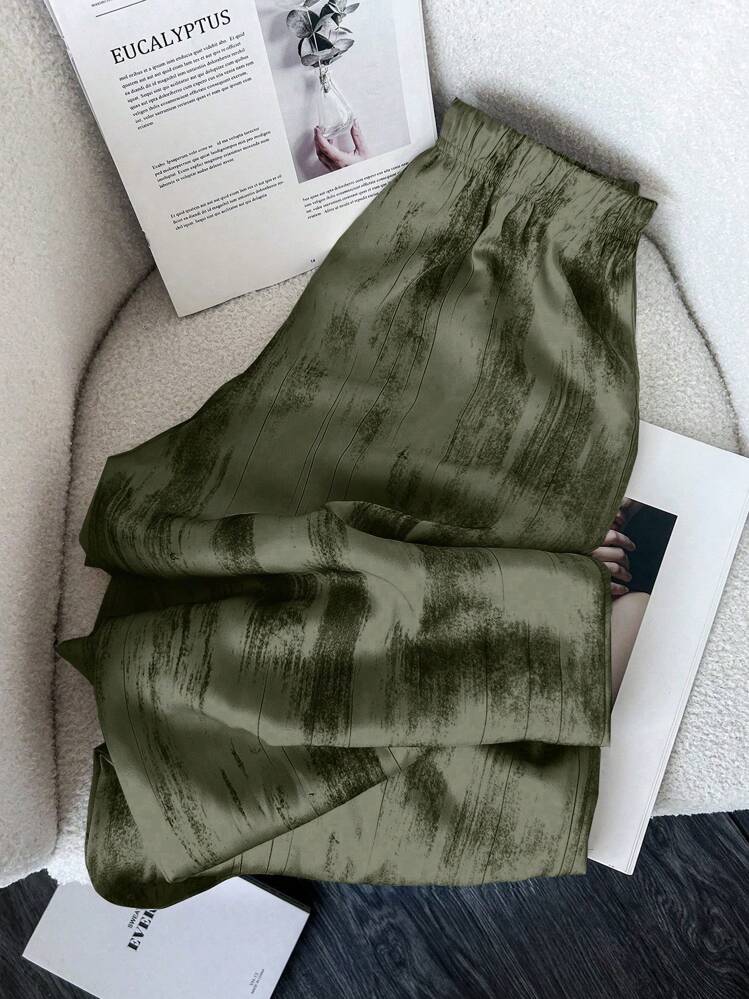 SHEIN LUNE Loose Ink Painting Print Satin Slouchy Pants Fall Cloth For Women - Army Green - View 2