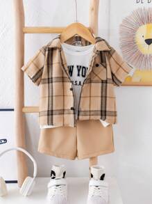 SHEIN 3pcs/Set Baby Boy Cute Summer Casual Plaid Short Sleeve Shirt, Elastic Waist Shorts, Letter Printed White T-Shirt Outfit - Multicolor - View 3