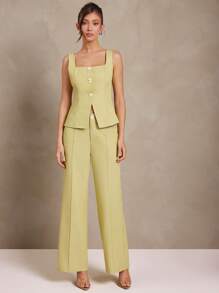 L'Amorae Women Square Neck Resin Button Detail Summer Vacation Old Money Sage Color Office Top Waistcoat - Green - View 2