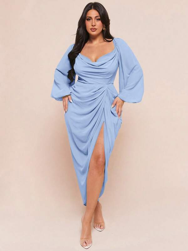 SHEIN BAE Vestido de fiesta elegante y sexy para mujer de talla grande con cuello drapeado, volantes, bajo asimétrico con abertura y manga larga, con lentejuelas y brillo, color verde guisante, vestido de invitada de boda para mujer