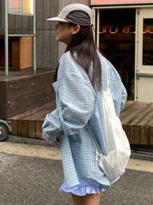 DAZY 女士格子宽松休闲长袖衬衫上衣，法兰绒女装，秋季女装 - 淺藍色 - 查看 2